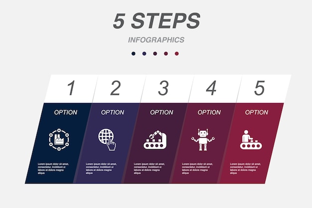 Industrie 40 internet automatisering robot productie iconen Infographic ontwerpsjabloon Creatief concept met 5 stappen