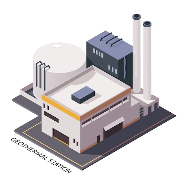 Vector industrieel energiegebouw in 3d isometrisch ontwerp elektriciteitscentrale en alternatief station voor groene elektrische opwekking reactorkracht geothermisch station vector illustratie