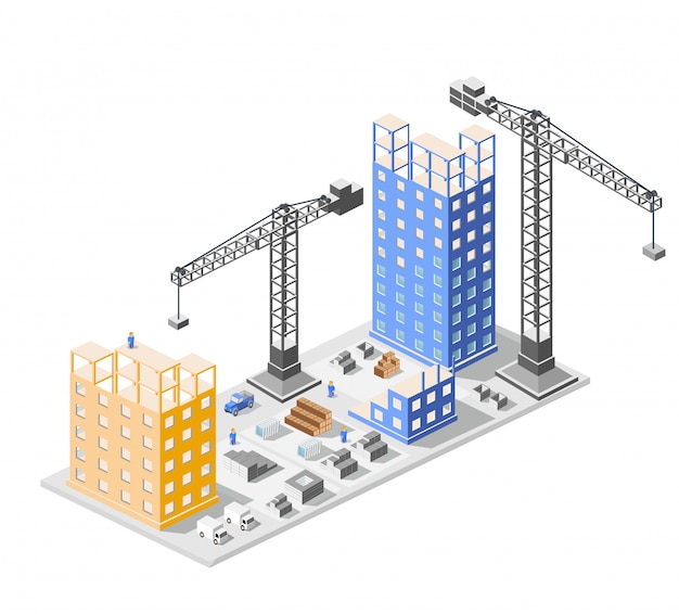 Industriële bouwisometrics in de grote stadswolkenkrabbers in aanbouw