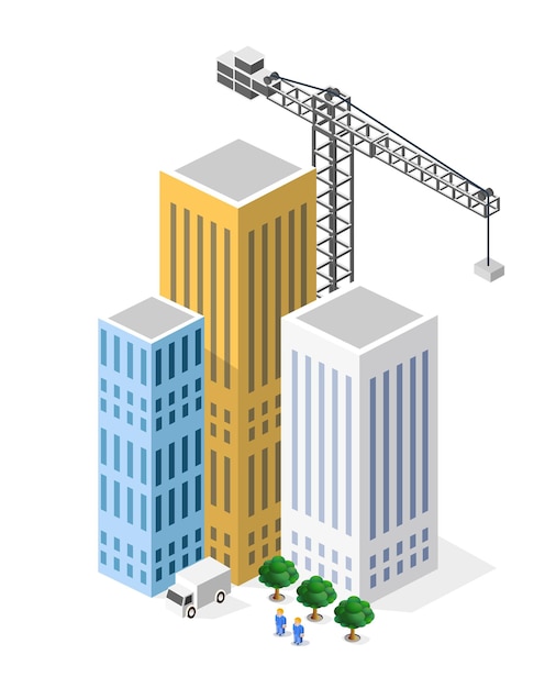 Vector industriële bouwisometrie in de wolkenkrabbers van de grote stad in aanbouw, huizen en gebouwen