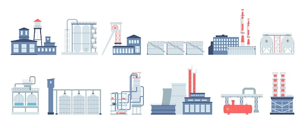 Industriële fabrieken en opslagplaatsen Gas olie aardolieopslag Isoleerde productie gebouwen en complexe platte recente industrie vector elementen