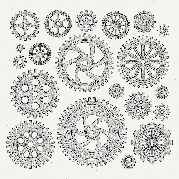 Industriële illustratieset mechanische metaalwielentoestellen en tandraderen.