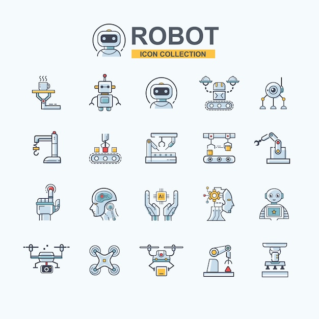 Vector industriële robot icon set voor bedrijfstechnologie, robotarm, kunstmatige intelligentie, drone en maakindustrie.