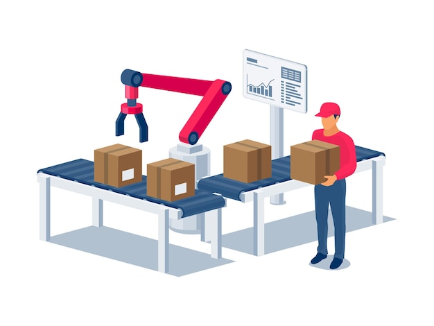 Industriële robot manipulatie doos op transportband