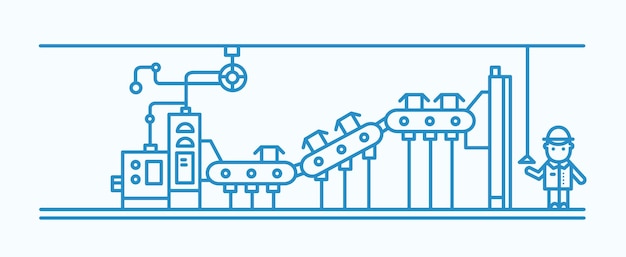 Industriële transportband die dozen transporteert en fabrieksarbeider die een helm draagt, ernaast staat en een controlesysteem heeft getekend met blauwe contourlijnen. monochroom vectorillustratie in lineart-stijl.