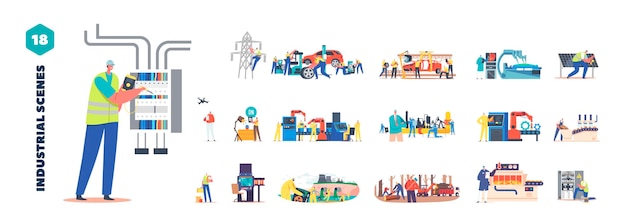 Industriereeks Sector van economische activiteit waarbij de productie van goederen en diensten betrokken is met behulp van verschillende processen en technologieën om aan de behoeften en eisen van consumenten te voldoen Cartoon vectorillustratie