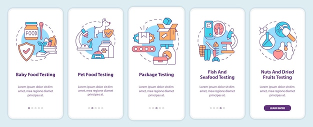 Industries onboarding mobile app screen Baby and pet food testing walkthrough 5 steps graphic instructions pages with linear concepts UI UX GUI template Myriad ProBold Regular fonts used