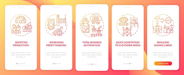 개념이있는 모바일 앱 페이지 화면을 온 보딩하는 산업 .0 목표. 이익 증대, 빠른 적응 연습 단계. UI 템플릿