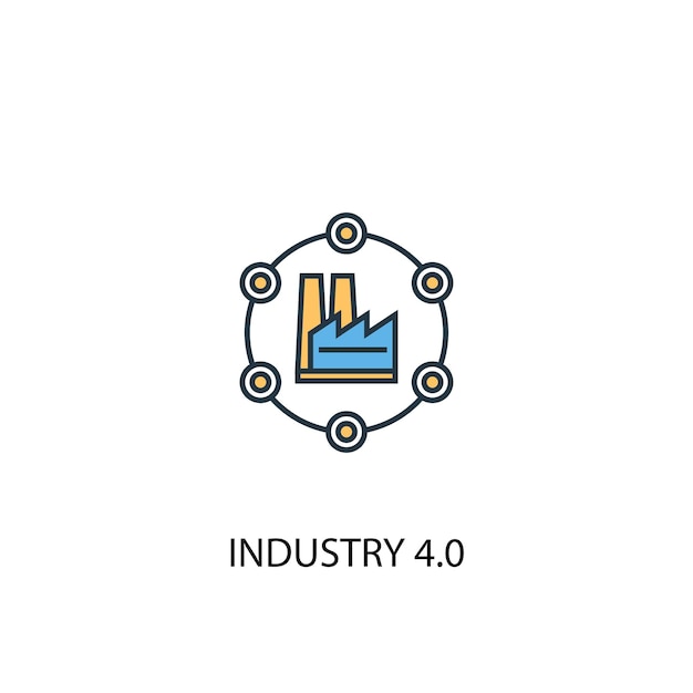 Industry 4.0 개념 2 컬러 라인 아이콘입니다. 간단한 노란색과 파란색 요소 그림입니다. Industry 4.0 개념 개요 기호 디자인