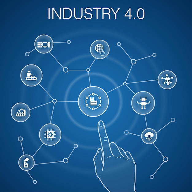 Vettore concetto di industria 4.0, sfondo blu. icone di internet, automazione, produzione, informatica