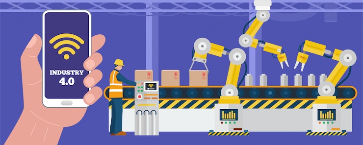 Vector industry 4.0 concept, worker using smart phone to control industrial robotic arms in factory.