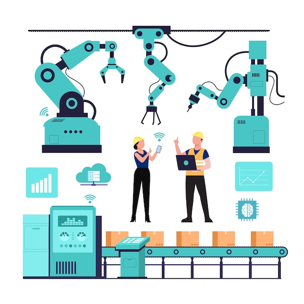 Industry 4.0 illustration with programmer and robotic arms.