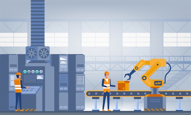 Industry 4.0 smart factory concept. workers, robot arms and assembly line. technology illustration