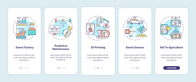 Industry 4.0 trends onboarding mobile app page screen with concepts. smart factory, 3d printing, smart sensors walkthrough 5 steps . ui  template with rgb color
