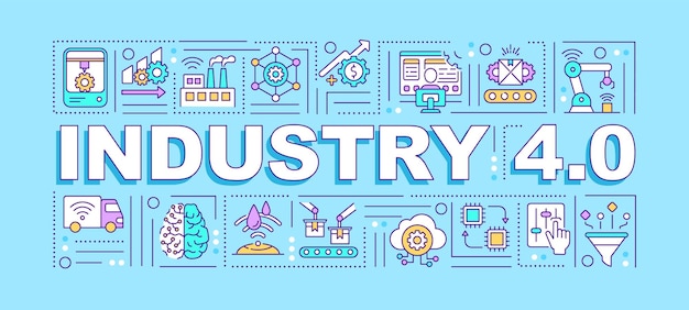 Industry 4.0 word concepts banner. Connection and addressing via IoT. Infographics with linear icons on blue background. Isolated typography. Four revolution.  outline RGB color illustration