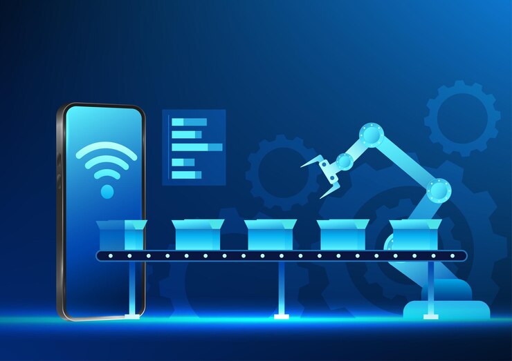 Vector industry 40 business technology mechanical manufacturing industry is working and smartphone