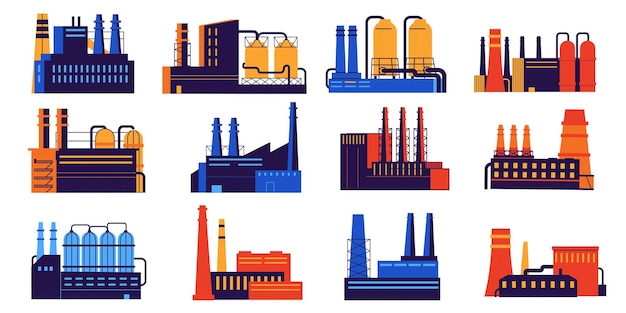 Industry building Urban factory construction with silo and pipes Nuclear power plant Chemical and organic manufacturing Industrial architecture Vector city landscape elements set