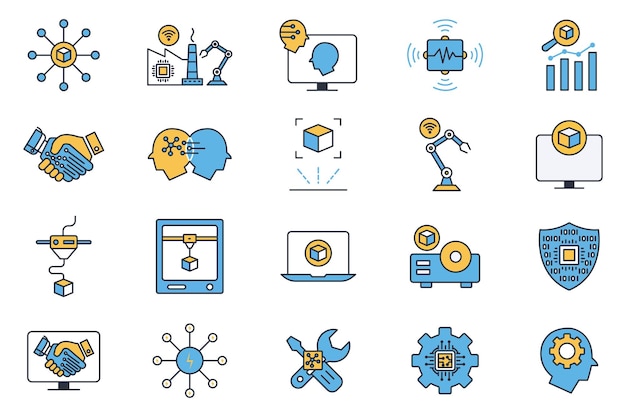 Vettore set di icone per l'industria 50 stampa 3d, intelligenza artificiale e altro ancora