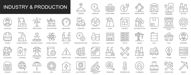 Industry and production web icons set in thin line design Pack of renovation power storage logistics factory manufacture engineer plant other outline stroke pictograms Vector illustration