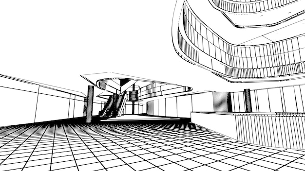 Vector ine drawing of the area of the department store hall3d rendering