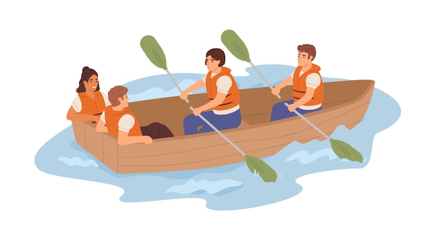 Ineffective team of tired employees and resting useless lazy coworkers in boat. unfair work distribution. concept of bad teamwork. colored flat vector illustration isolated on white background.