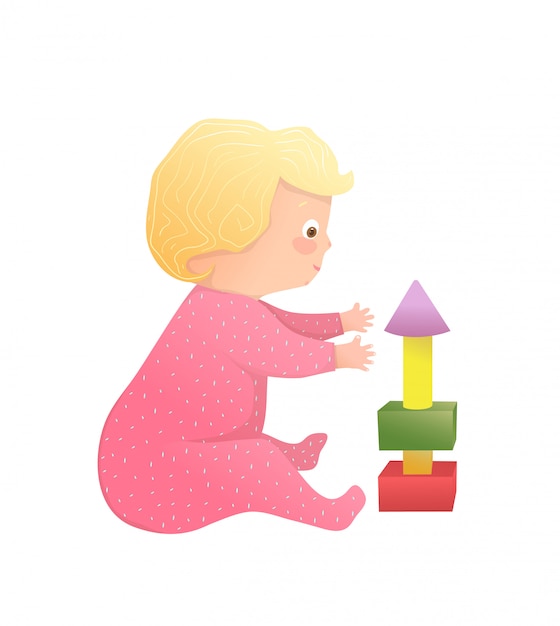 Вектор Младенческая милая блондинка малышка сидит и играет в пирамиду с игрушками в детском саду