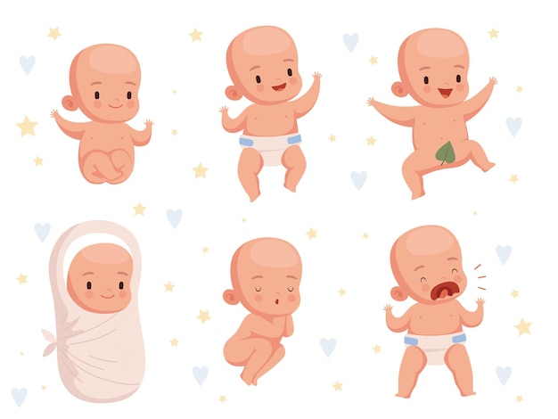 Vector infant new born toddler babies activity cute cheerful characters nowaday vector cartoon set