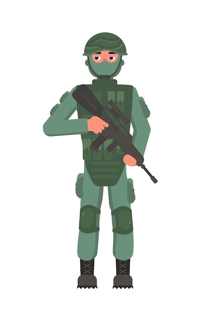 Personaggio militare di fante che tiene il fucile d'assalto in mano uomo coraggioso soldato del piede in armatura mimetica maschera facciale e casco in piedi isolato su bianco