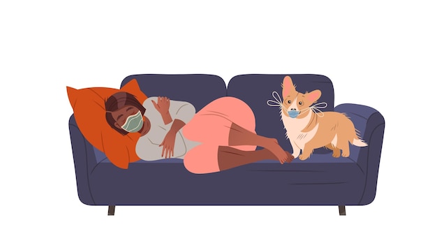 Infected girl in protective mask lying on sofa woman staying at home with self quarantine due to