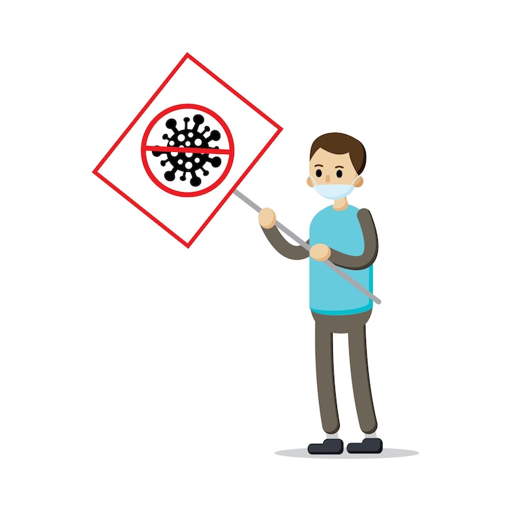 Vector infected man with banner in hand concept  lets stop coronavirus