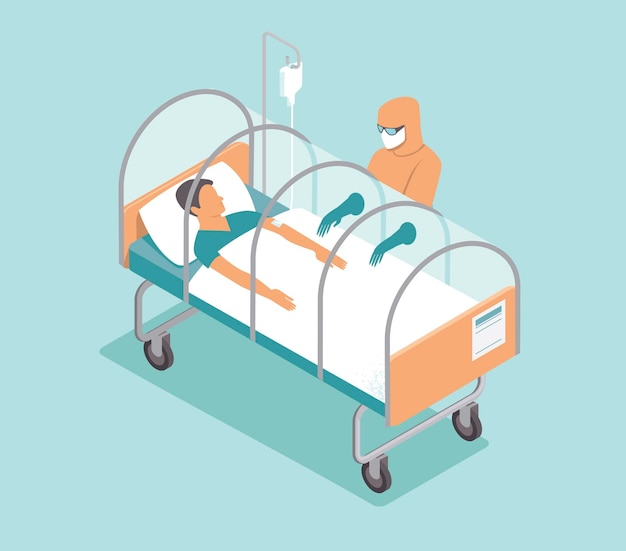 Vector infected patient lying in special isolated capsule flat vector illustration