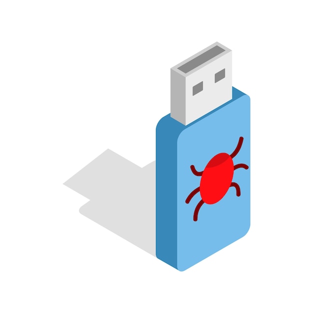 Infected USB flash drive icon in isometric 3d style on a white background