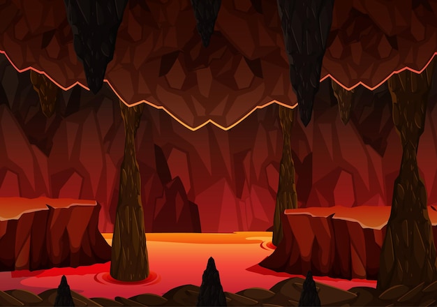 Infernal dark cave with lava scene