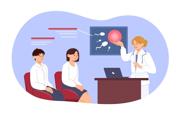 Infertility treatment concept Woman in medical uniform with guy and girl Young couple came to doctor Diagnosis and treatment medicine and healthcare Cartoon flat vector illustration