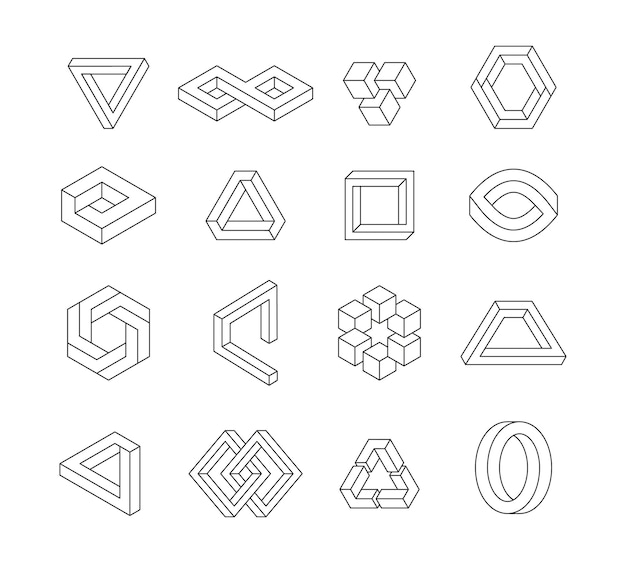 Vector infinite figures abstract impossible geometry graphic design linear twisted prospective optical illusion vector 3d cube triangle and hexagonal shapes collection