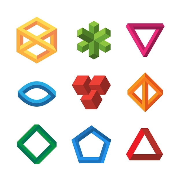 インフィニティイリュージョンジオメトリ。不可能な3d形状の三角形は六角形のエッシャーベクトルコレクションをループします。イリュージョンループ3d、幾何学的無限キューブ