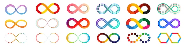 Infinity kleurrijke pictogramserie Onbeperkte oneindigheid collectie iconen vlakke stijl vectorillustratie