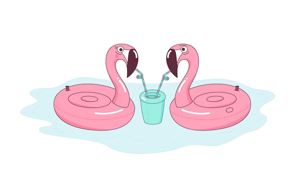 Vector inflatable cute flamingo couple drink cocktail together