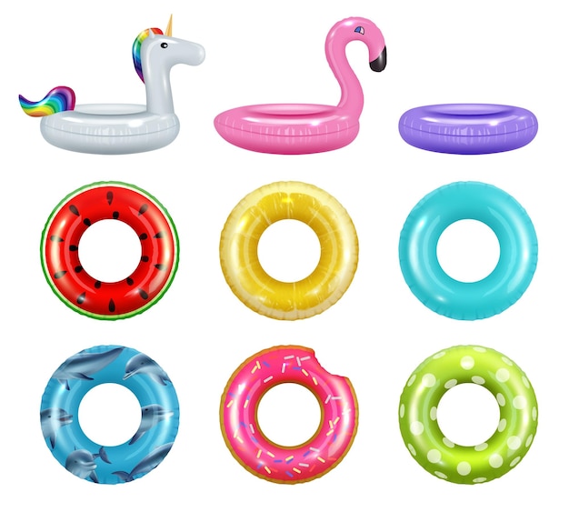 Inflatable donuts Safety rubber rings toys rings for water pool colored swimming donuts decent vector realistic pictures set isolated