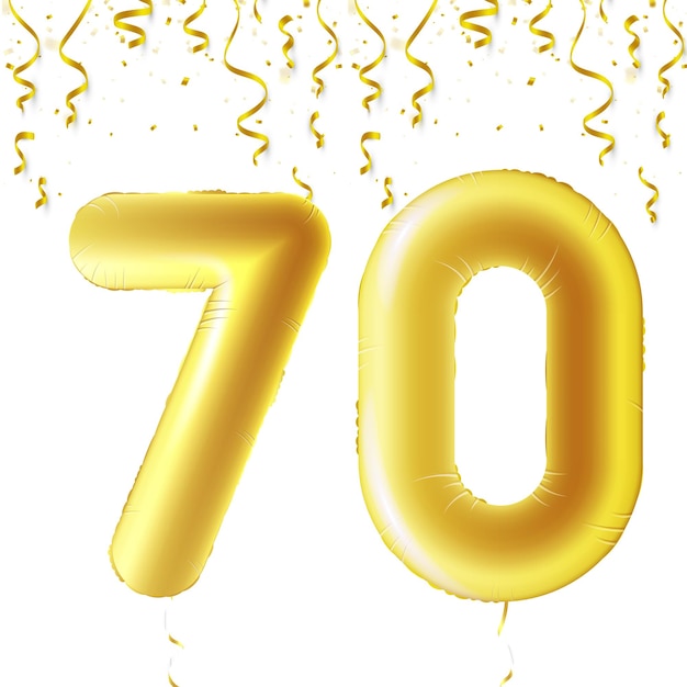 Inflatable golden balls with falling confetti and hanging ribbons Seventy years symbol 70 Vector illustration logo or poster for seventieth birthday celebrating