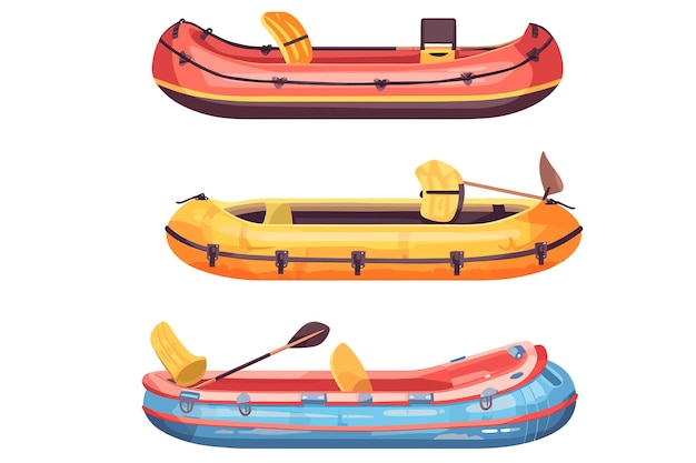 Inflatable motor speed rafting kayaking sport boats Flat vector illustration isolated on white background