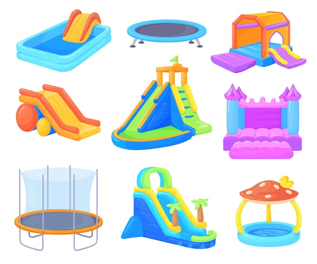 Inflatable playgrounds Bouncy slides and inflated castles for birthday friends air attraction park rubber toys house or pool child jumping bouncer game vector illustration of fun park for activity