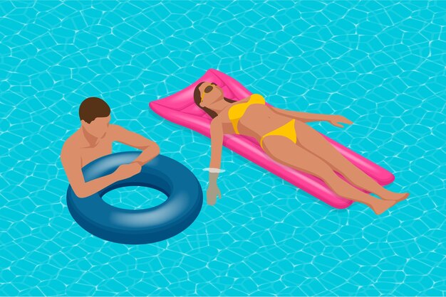 ベクトル インフレータブル リングとマットレス 大きなスイミング プールで空気のマットレスの上の若い男 nad 女性 夏休みの牧歌的な 日焼けを楽しむ 休暇の概念 上からの高い眺め