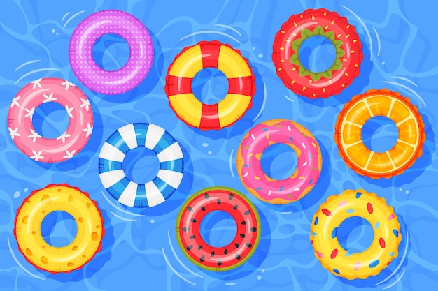 Надувные кольца на воде вид сверху бассейн с плавающими резиновыми детскими игрушками спасательный круг вектор
