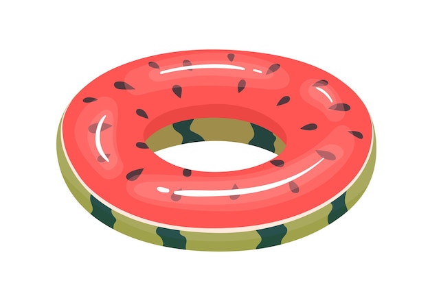 Надувной резиновый круг в форме фрукта. Детская летняя глянцевая игрушка для плавания и веселья в воде. Арбуз спасатель для бассейна. Цветная плоская векторная иллюстрация на белом фоне.