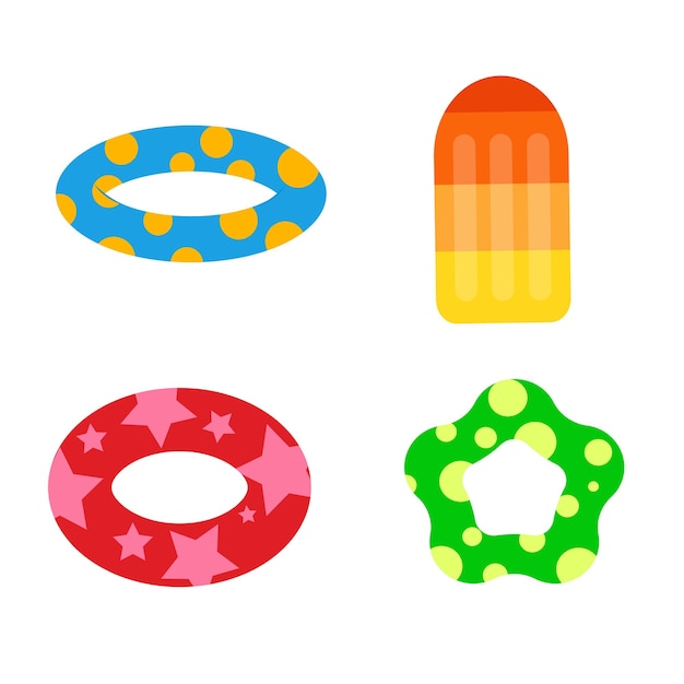 Inflatable swimming circles of various shapes and colors isolated on a white background realistic co