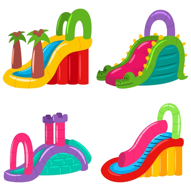 Inflatable water slides for kids of different shapes. summer amusement park