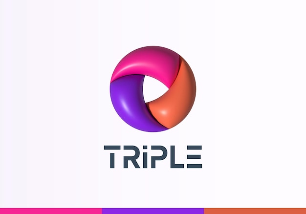 Inflated 3D Vector Ribbon Rotation Loop Circle Abstract Vector Logo Template Modern Geometry Infinity Swirl Sign with Triple Colorful Intertwined Elements Isolated