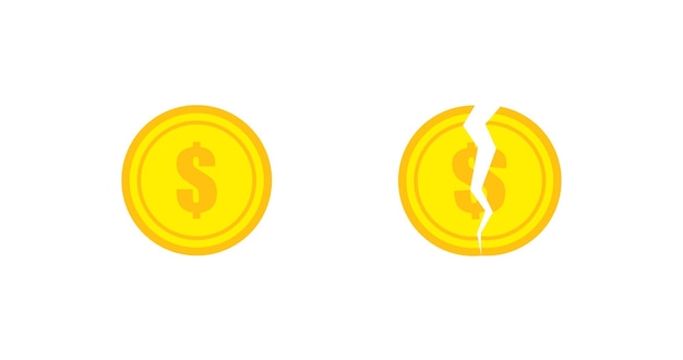 Inflatie dollar Gebarsten gebroken munt icoon in platte Geïsoleerde vector illustratie