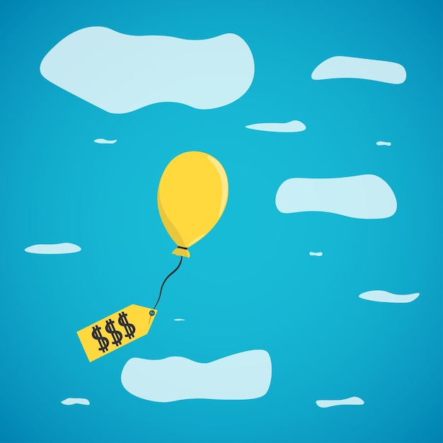 価格が上昇するインフレの原因となる気球は、空に上昇する製品の値札に結び付けられています